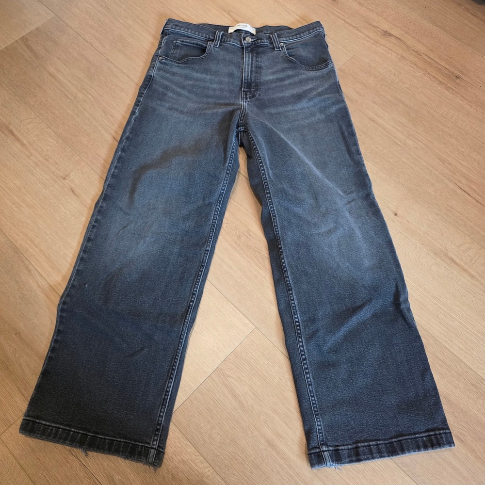 Hollister Super Baggy Faded Black Wide Leg Jeans Men Fits 33x30 Distress Hem Y2K